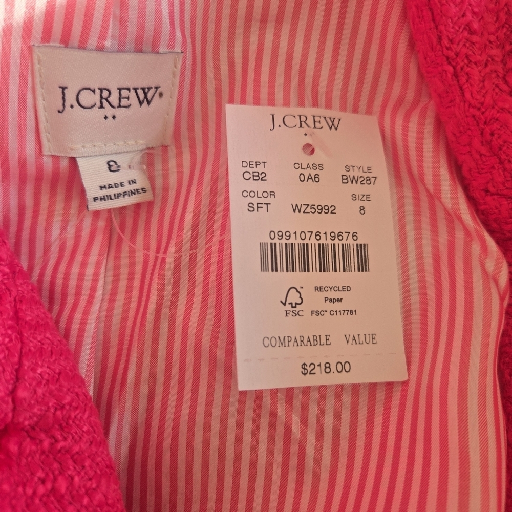 New J. Crew Tweed Schoolboy Sweet Fuchsia Tweed Com Blazer Sizes 4, 8 NWT - Picture 8 of 9